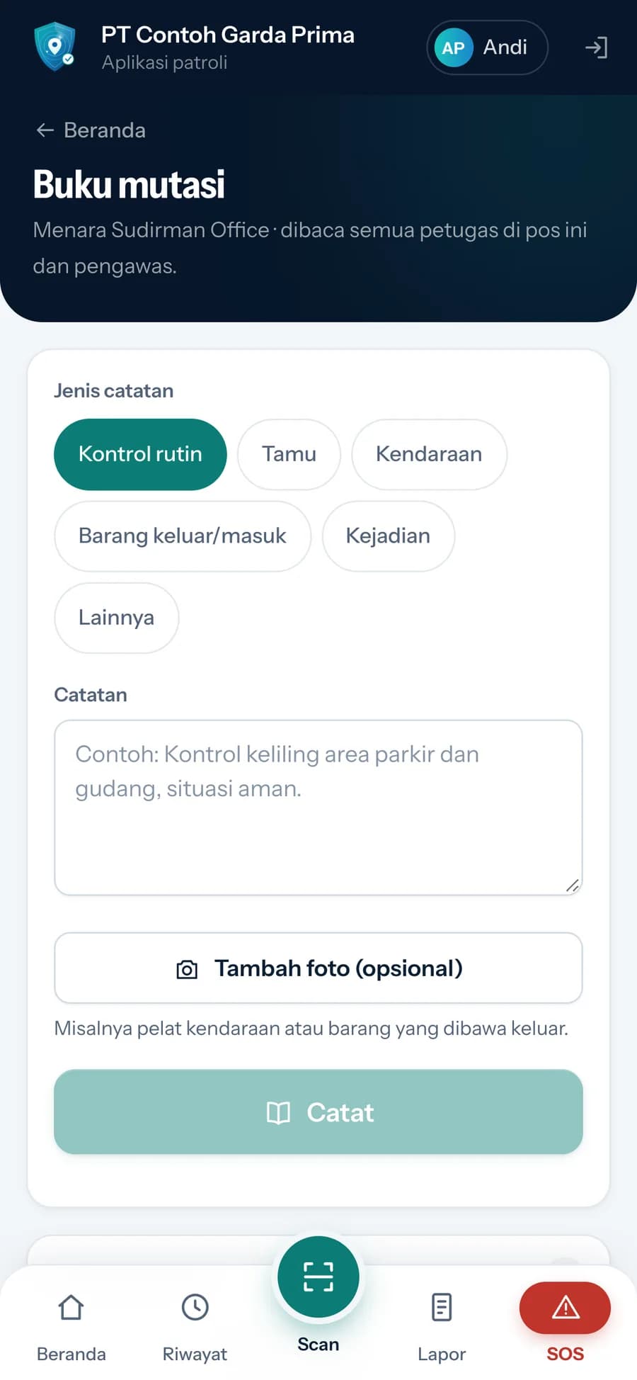 Layar buku mutasi petugas: jenis catatan, isi catatan, dan foto